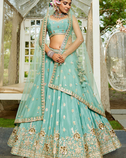 Aqua Blue Faux Chiffon Embroidered Designer Lehenga Choli