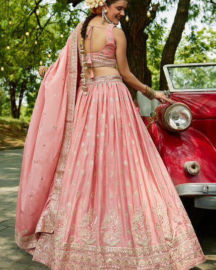 Rose Pink Faux Chiffon Embroidered Designer Lehenga Choli