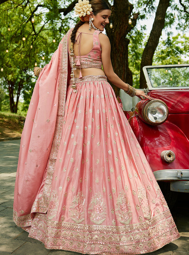 Rose Pink Faux Chiffon Embroidered Designer Lehenga Choli