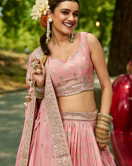 Rose Pink Faux Chiffon Embroidered Designer Lehenga Choli