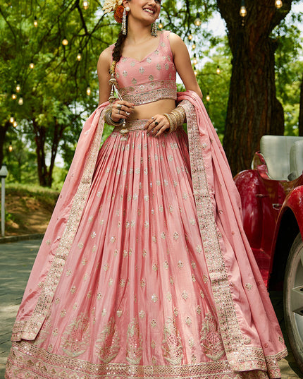 Rose Pink Faux Chiffon Embroidered Designer Lehenga Choli