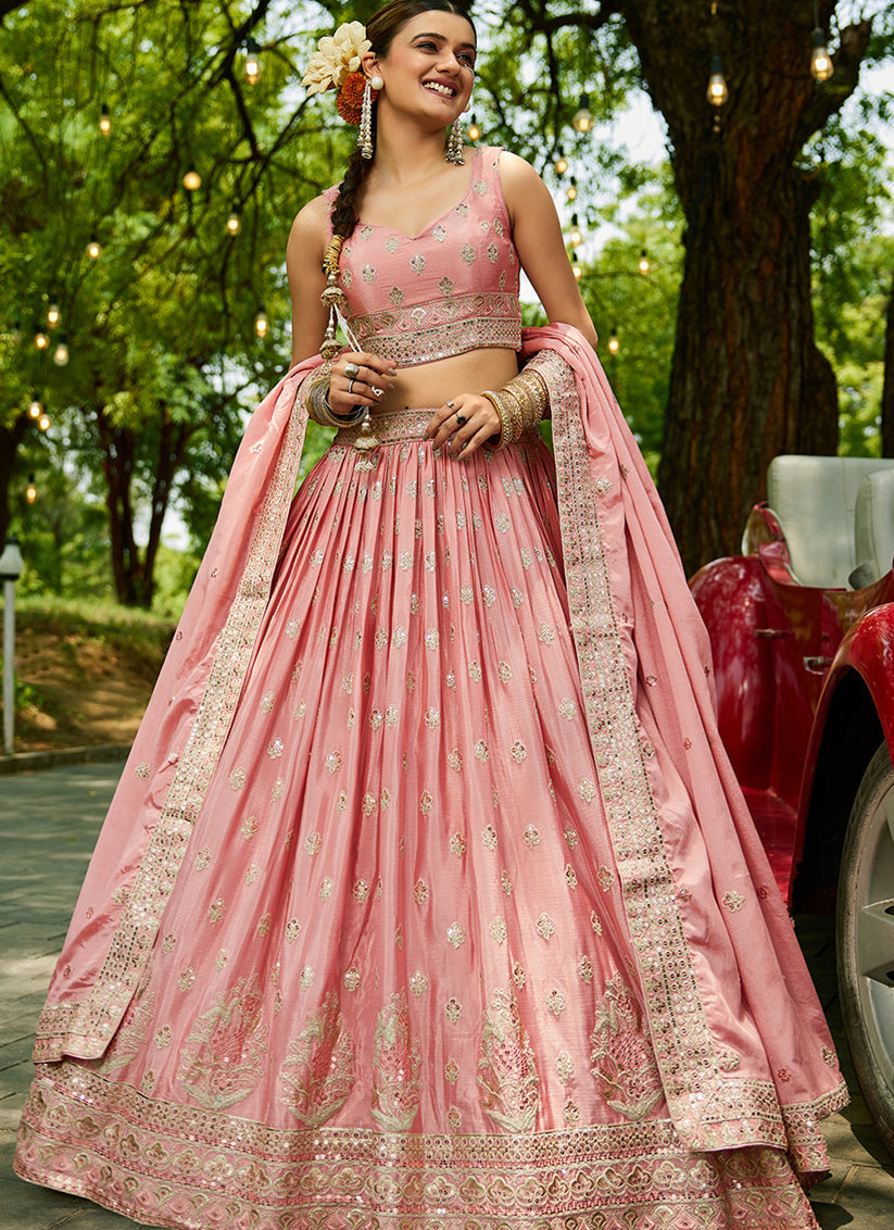 Rose Pink Faux Chiffon Embroidered Designer Lehenga Choli