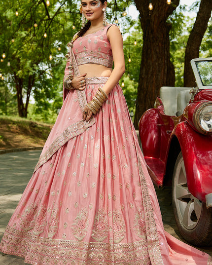 Rose Pink Faux Chiffon Embroidered Designer Lehenga Choli