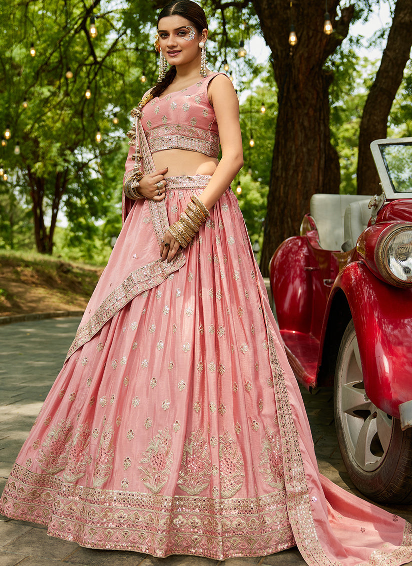 Rose Pink Faux Chiffon Embroidered Designer Lehenga Choli