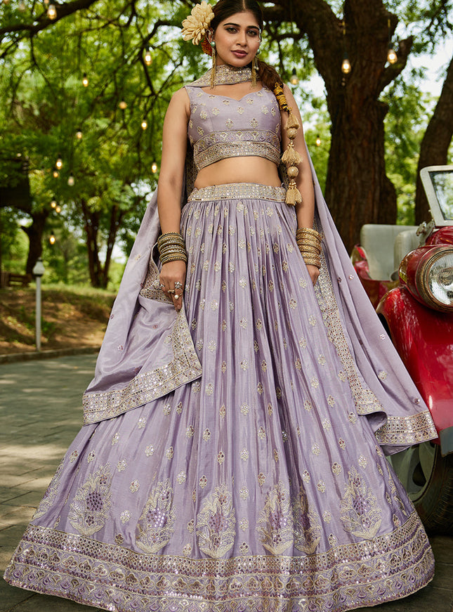 Mauve Faux Chiffon Embroidered Designer Lehenga Choli