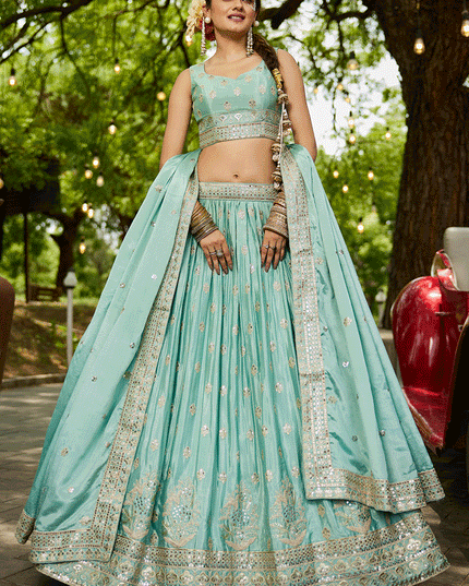Aqua Blue Faux Chiffon Embroidered Designer Lehenga Choli