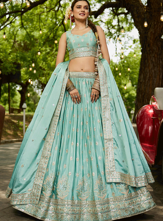 Aqua Blue Faux Chiffon Embroidered Designer Lehenga Choli