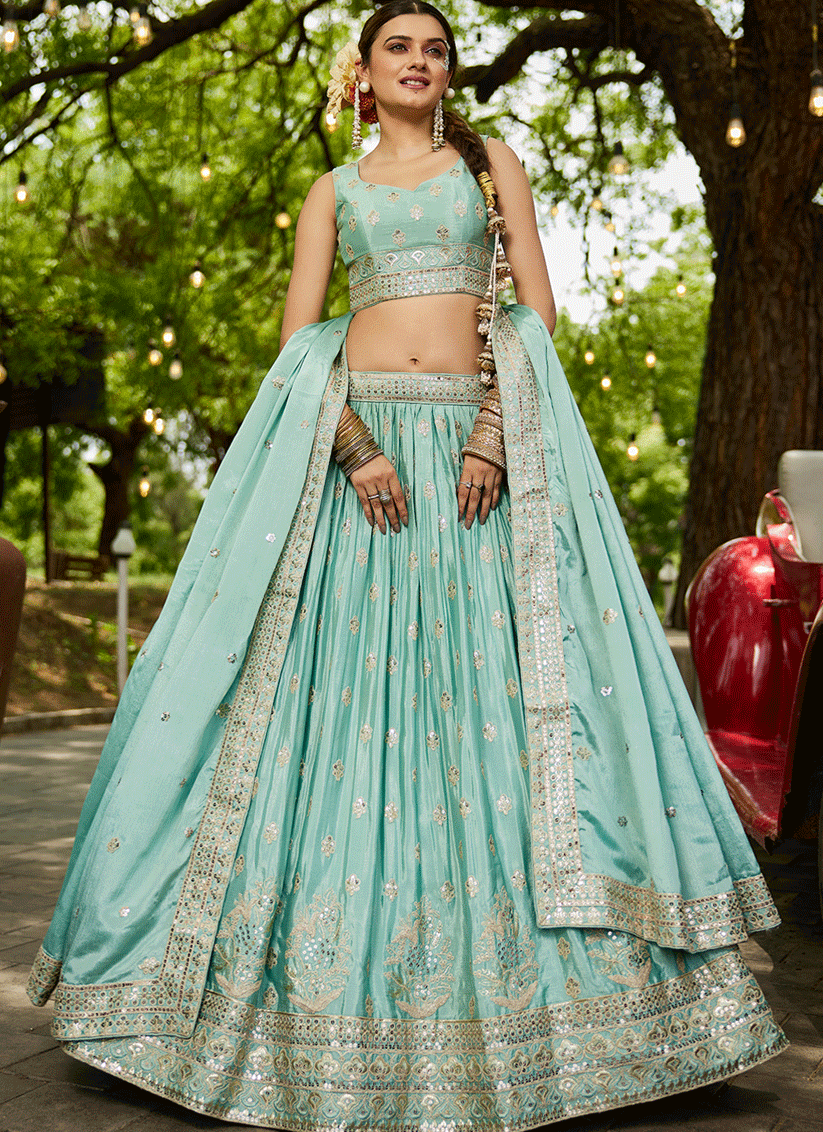 Aqua Blue Faux Chiffon Embroidered Designer Lehenga Choli