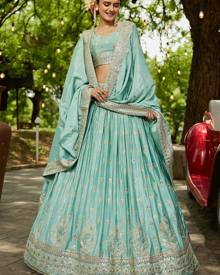 Aqua Blue Faux Chiffon Embroidered Designer Lehenga Choli