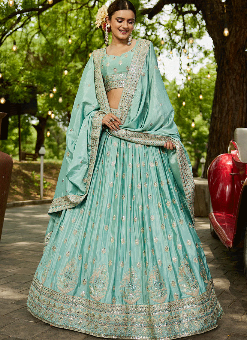 Aqua Blue Faux Chiffon Embroidered Designer Lehenga Choli