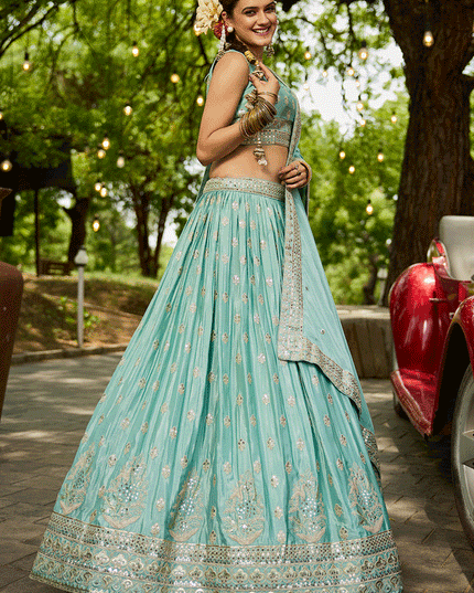 Aqua Blue Faux Chiffon Embroidered Designer Lehenga Choli