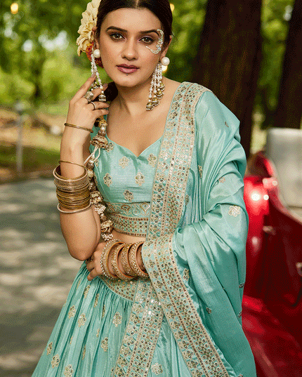 Aqua Blue Faux Chiffon Embroidered Designer Lehenga Choli