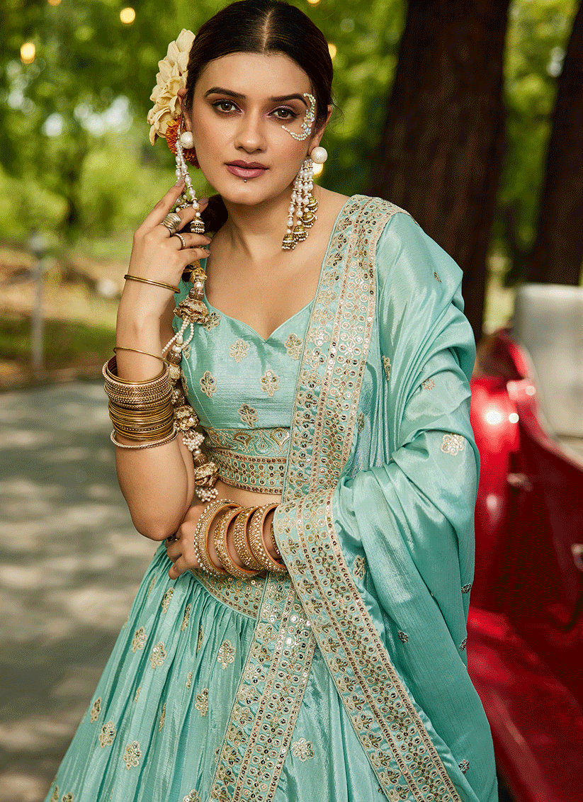Aqua Blue Faux Chiffon Embroidered Designer Lehenga Choli