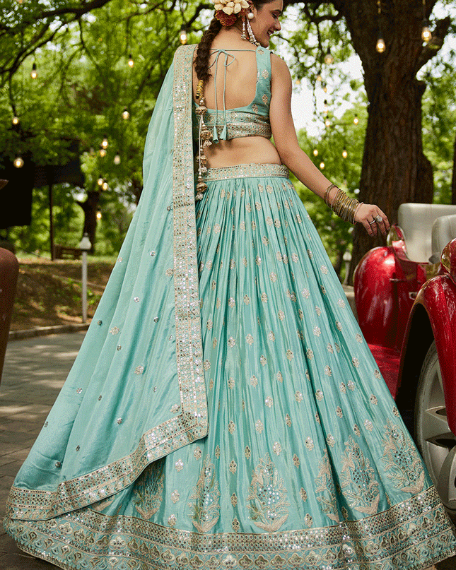 Aqua Blue Faux Chiffon Embroidered Designer Lehenga Choli