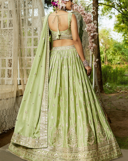 Pistachio Green Faux Chiffon Embroidered Designer Lehenga Choli