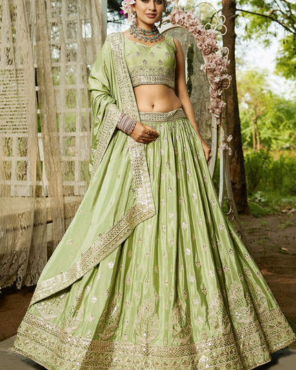 Pistachio Green Faux Chiffon Embroidered Designer Lehenga Choli