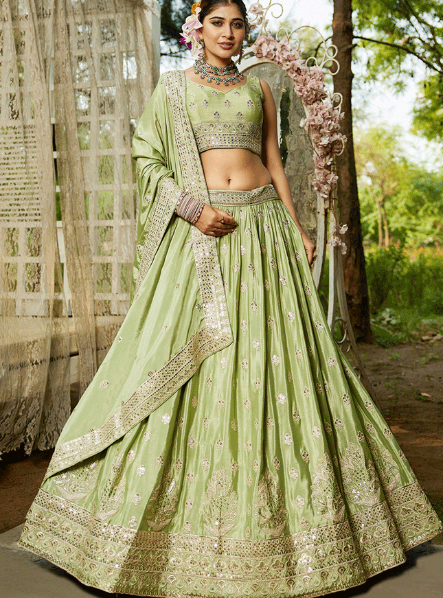 Pistachio Green Faux Chiffon Embroidered Designer Lehenga Choli