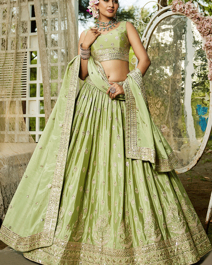 Pistachio Green Faux Chiffon Embroidered Designer Lehenga Choli