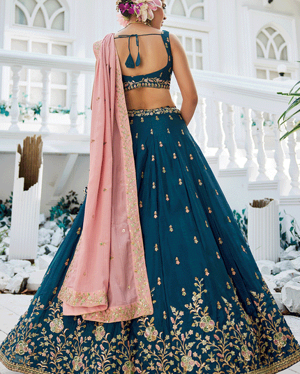 Peacock Blue Chiffon Embroidered Wedding Lehenga Choli