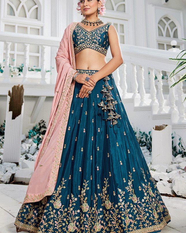 Peacock Blue Chiffon Embroidered Wedding Lehenga Choli
