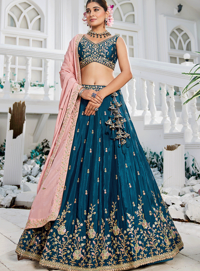 Peacock Blue Chiffon Embroidered Wedding Lehenga Choli