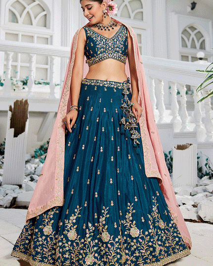 Peacock Blue Chiffon Embroidered Wedding Lehenga Choli