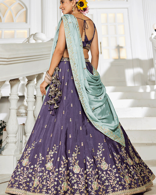 Eggplant Chiffon Embroidered Wedding Lehenga Choli