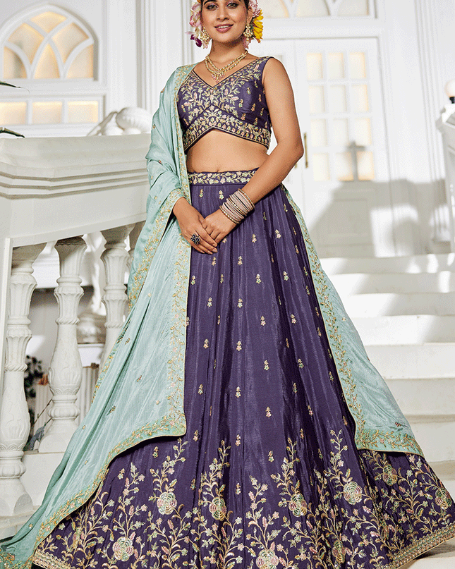 Eggplant Chiffon Embroidered Wedding Lehenga Choli