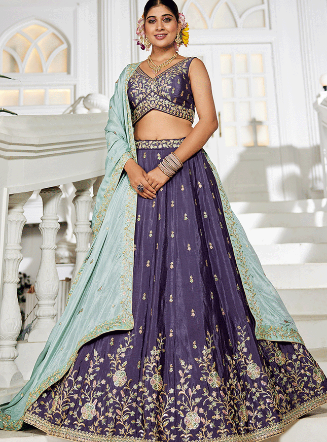 Eggplant Chiffon Embroidered Wedding Lehenga Choli