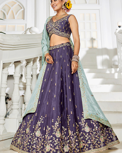 Eggplant Chiffon Embroidered Wedding Lehenga Choli