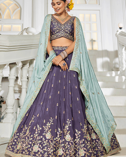 Eggplant Chiffon Embroidered Wedding Lehenga Choli