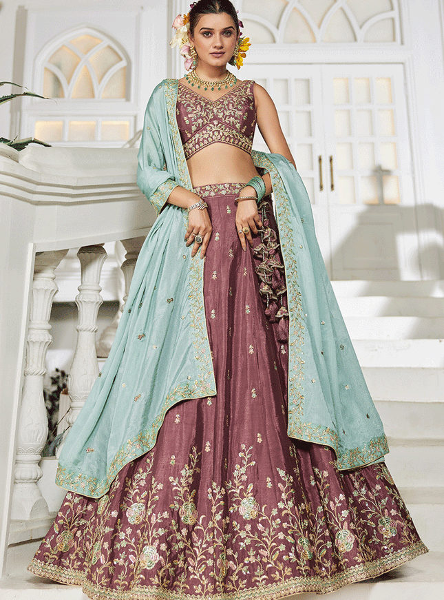 Rose Taupe Chiffon Embroidered Wedding Lehenga Choli