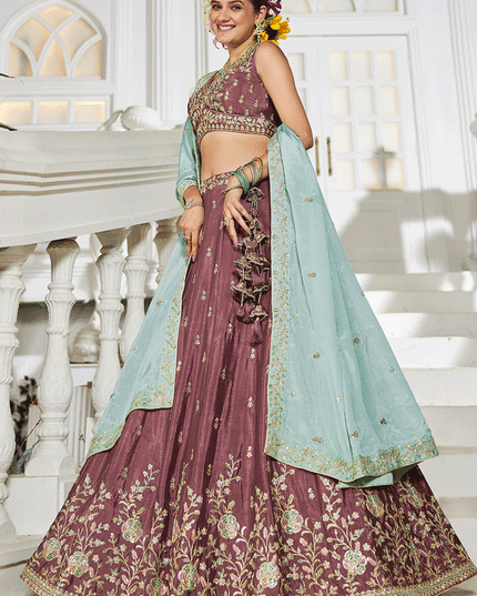 Rose Taupe Chiffon Embroidered Wedding Lehenga Choli