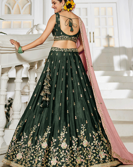 Moss Green Chiffon Embroidered Wedding Lehenga Choli