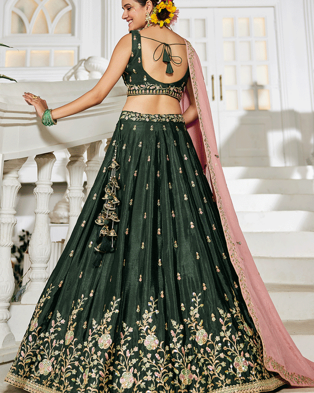 Moss Green Chiffon Embroidered Wedding Lehenga Choli