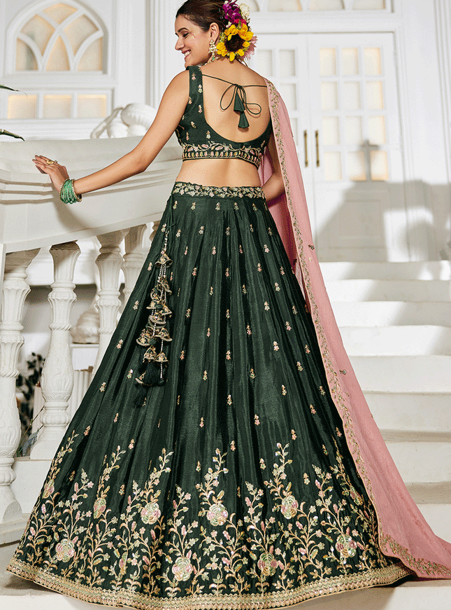 Moss Green Chiffon Embroidered Wedding Lehenga Choli