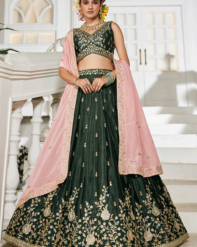 Moss Green Chiffon Embroidered Wedding Lehenga Choli