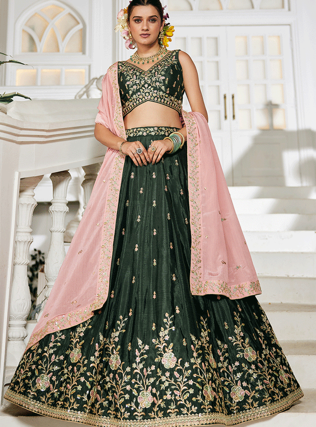 Moss Green Chiffon Embroidered Wedding Lehenga Choli