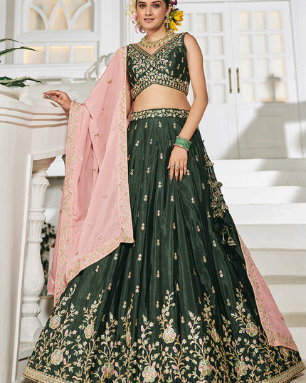 Moss Green Chiffon Embroidered Wedding Lehenga Choli