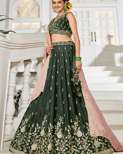 Moss Green Chiffon Embroidered Wedding Lehenga Choli