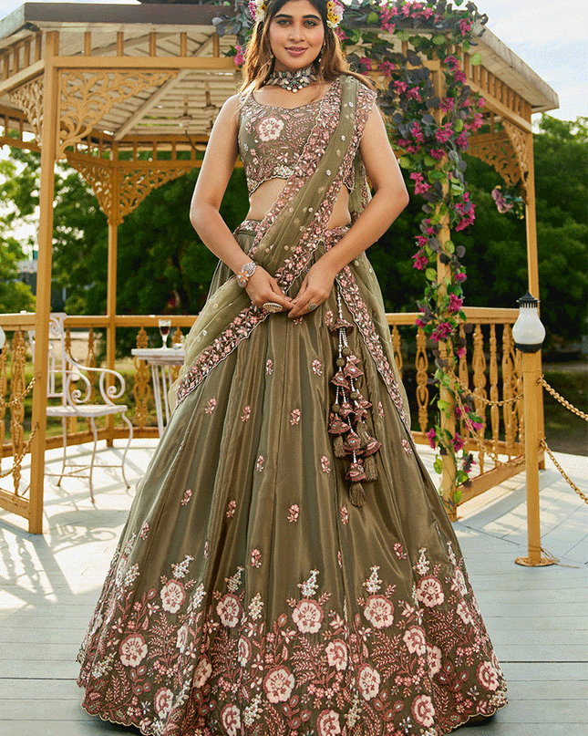 Mehendi Green Satin Embroidered Wedding Lehenga Choli