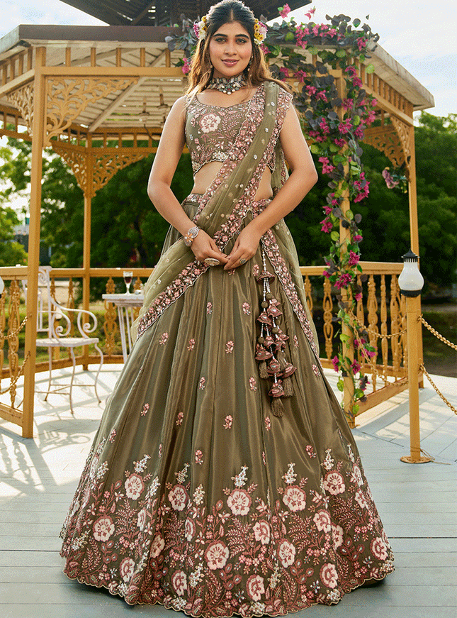 Mehendi Green Satin Embroidered Wedding Lehenga Choli