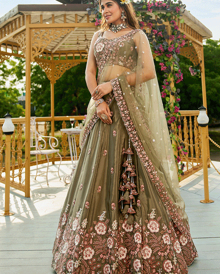 Mehendi Green Satin Embroidered Wedding Lehenga Choli