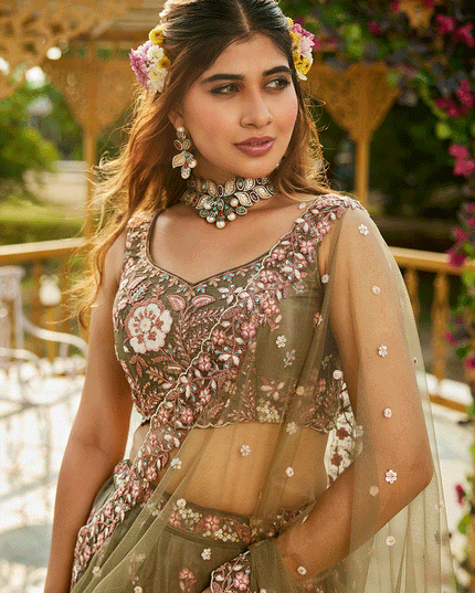 Mehendi Green Satin Embroidered Wedding Lehenga Choli