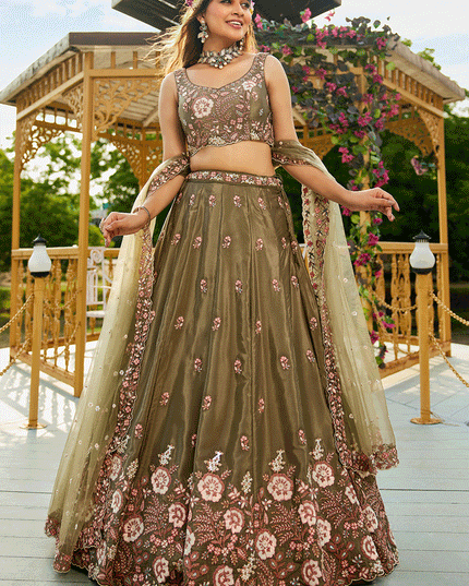 Mehendi Green Satin Embroidered Wedding Lehenga Choli