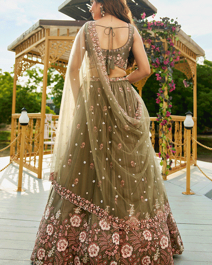 Mehendi Green Satin Embroidered Wedding Lehenga Choli