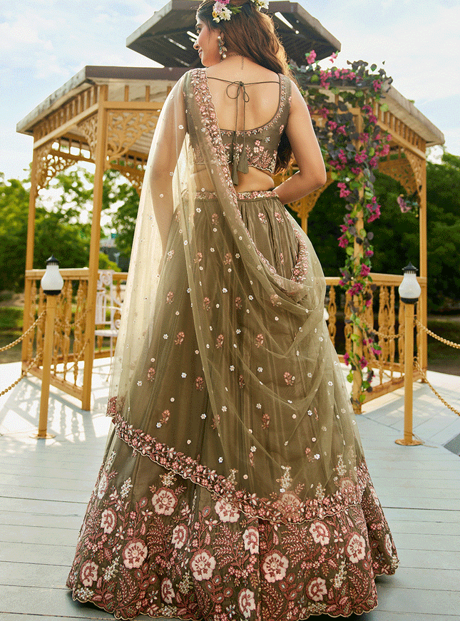 Mehendi Green Satin Embroidered Wedding Lehenga Choli