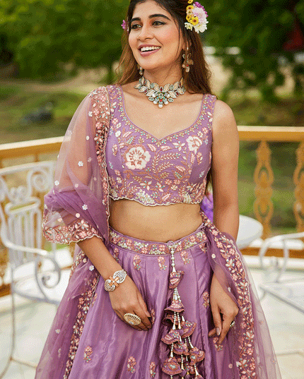 Lilac Pink Satin Embroidered Wedding Lehenga Choli