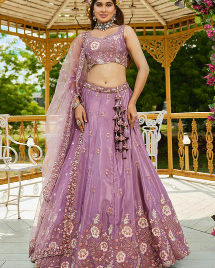 Lilac Pink Satin Embroidered Wedding Lehenga Choli