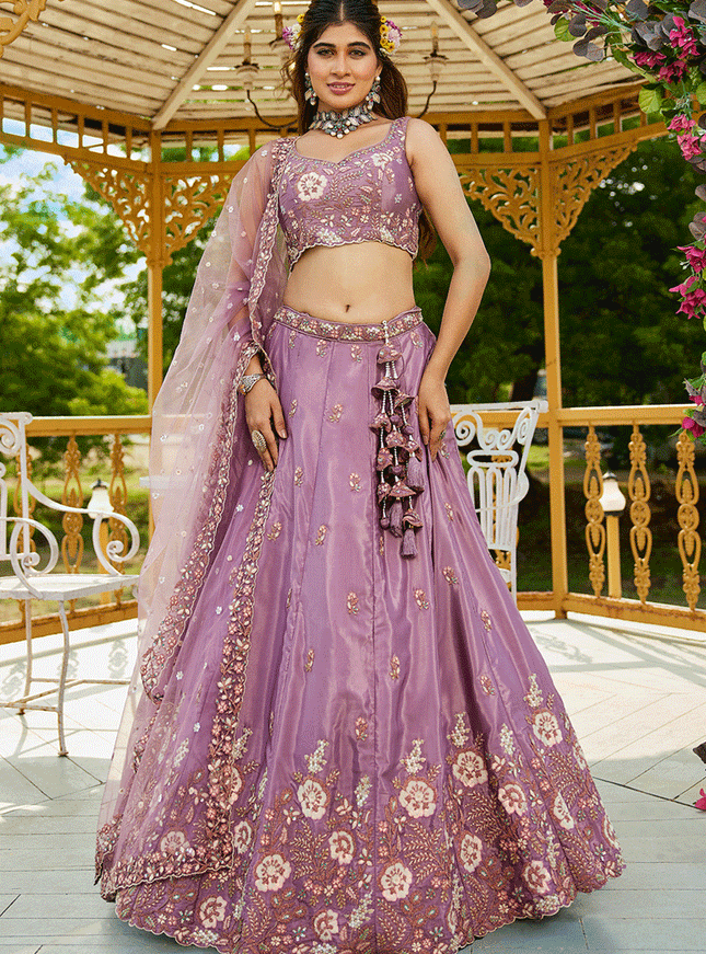 Lilac Pink Satin Embroidered Wedding Lehenga Choli